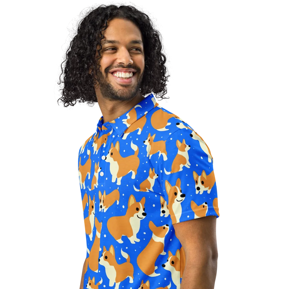 Corgi Snowglobe on Men's Slim Fit Polo Shirt — Left Front