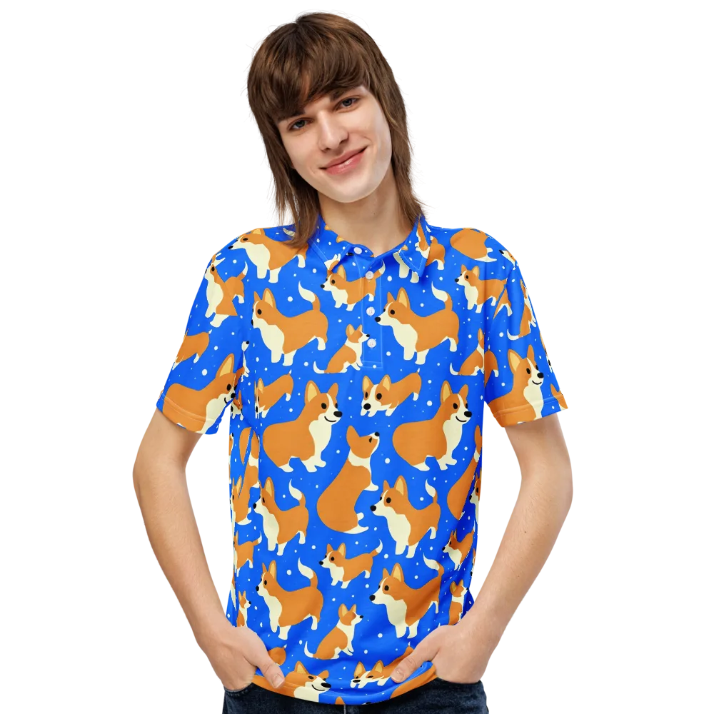 Corgi Snowglobe on Men's Slim Fit Polo Shirt — Front