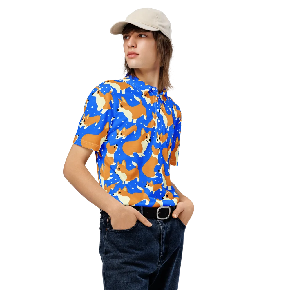 Corgi Snowglobe on Men's Slim Fit Polo Shirt — Right Front