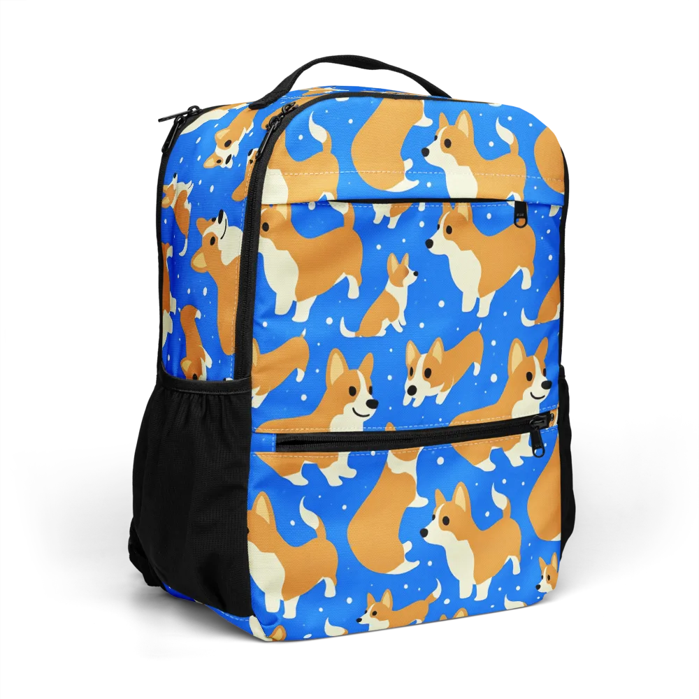 Corgi Snowglobe on Utility Backpack — Right Front