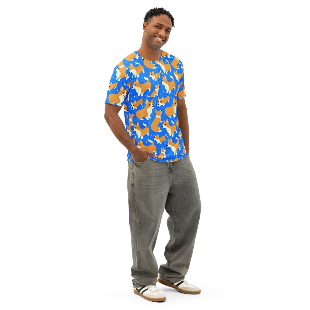 Corgi Snowglobe on Men's Cotton Crew Neck T-Shirt — Right Front