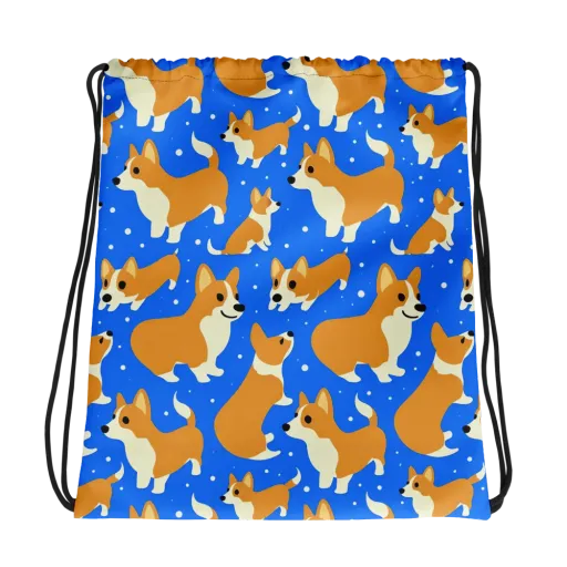 Corgi Snowglobe on a Drawstring Bag
