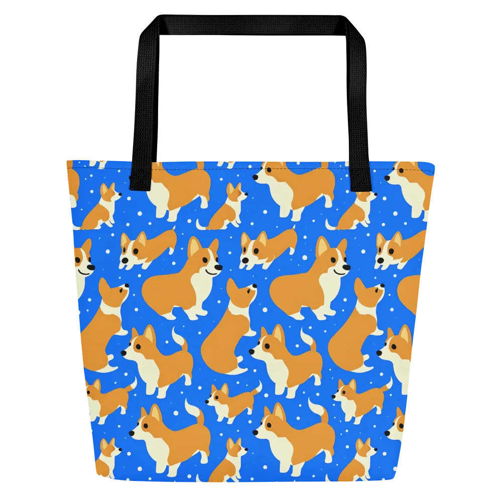 Corgi Snowglobe on Large Tote Bag W/ Pocket — Front