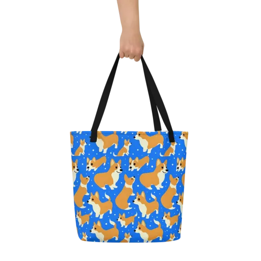 Corgi Snowglobe on a Large Tote Bag W/ Pocket