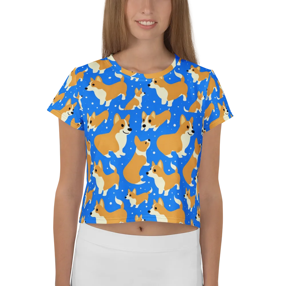 Corgi Snowglobe on Crop Tee — Front