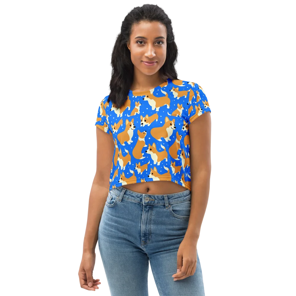 Corgi Snowglobe on Crop Tee — Front