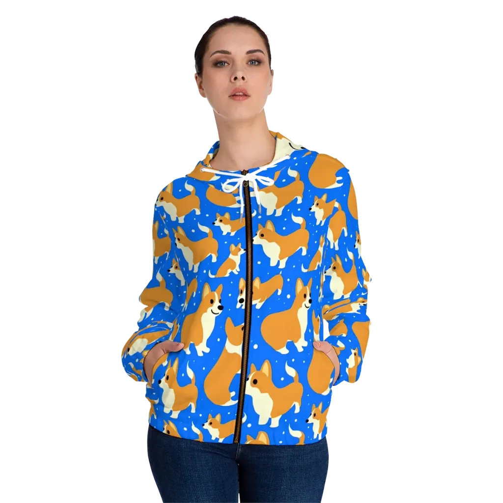 Corgi Snowglobe on Women's Full-Zip Hoodie — Front On Person