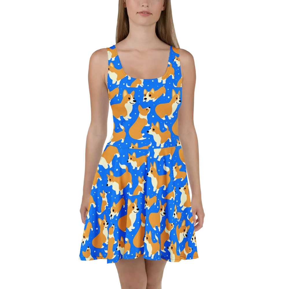 Corgi Snowglobe on Skater Dress — Front