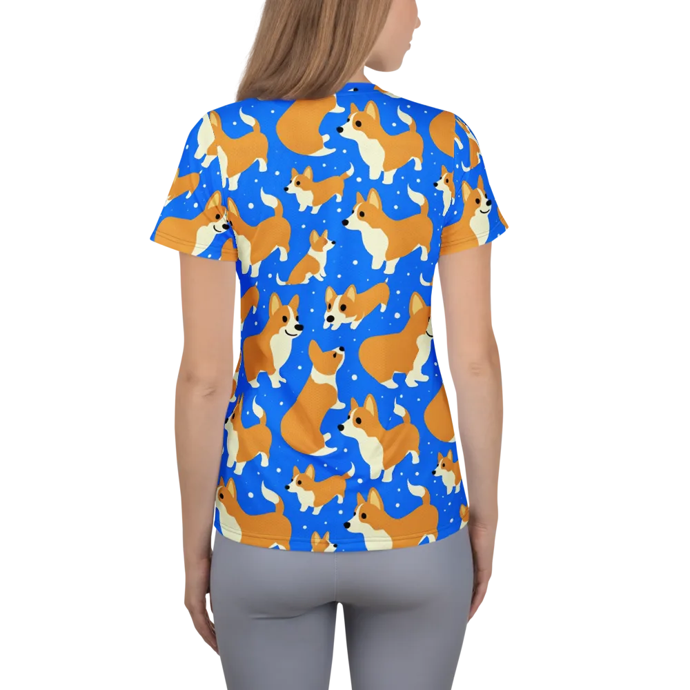 Corgi Snowglobe on Women's Athletic T-Shirt — Back