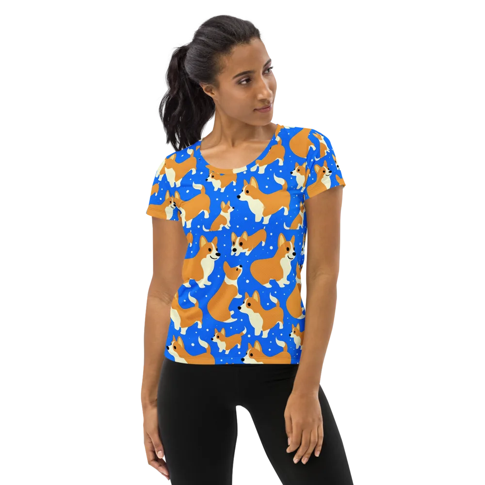 Corgi Snowglobe on Women's Athletic T-Shirt — Front