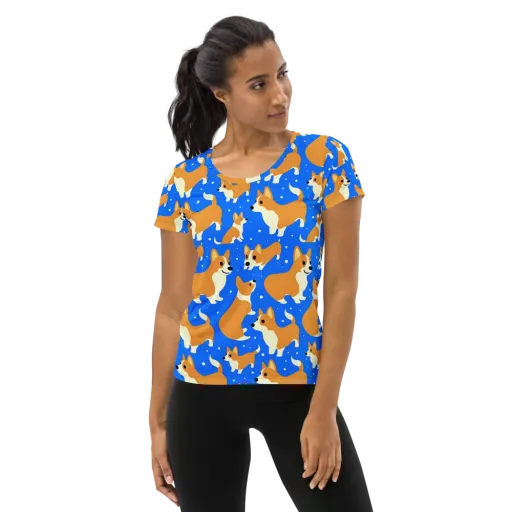Corgi Snowglobe on a Women's Athletic T-Shirt