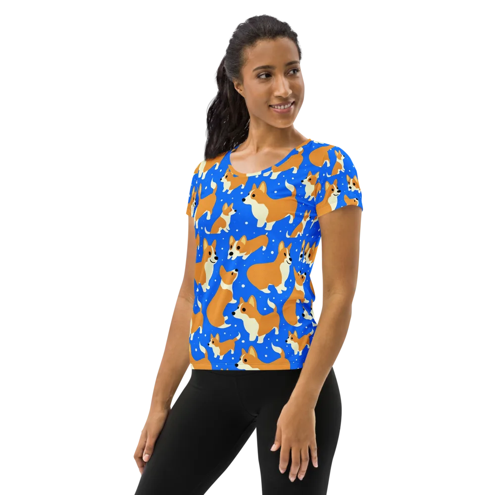 Corgi Snowglobe on Women's Athletic T-Shirt — Left