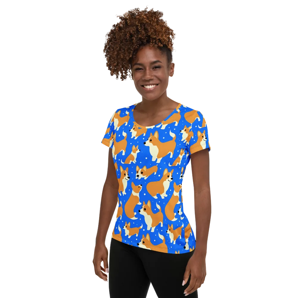 Corgi Snowglobe on Women's Athletic T-Shirt — Left