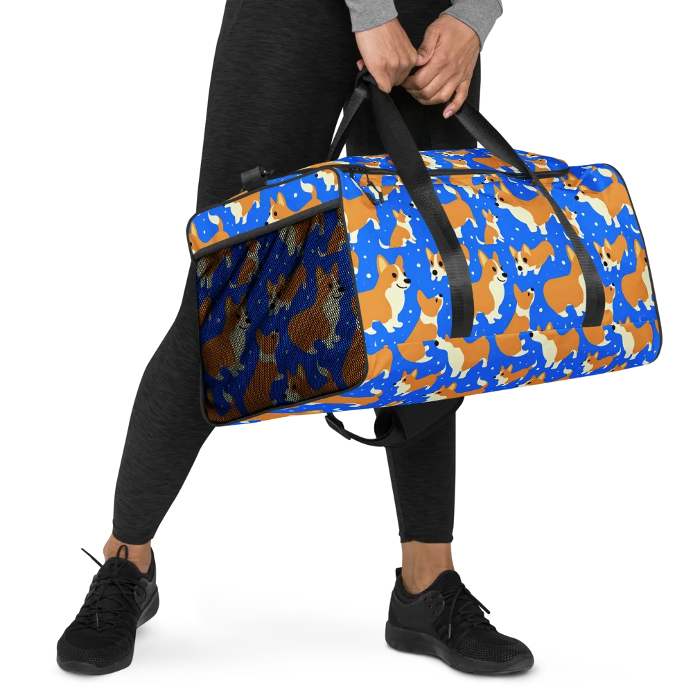 Corgi Snowglobe on Duffle Bag — Right Front