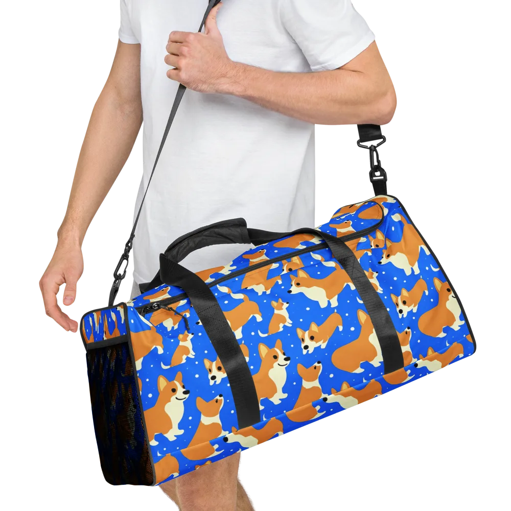 Corgi Snowglobe on Duffle Bag — Right Front