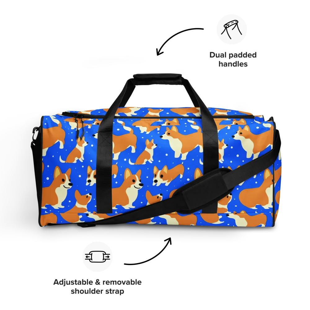 Corgi Snowglobe on Duffle Bag — Front