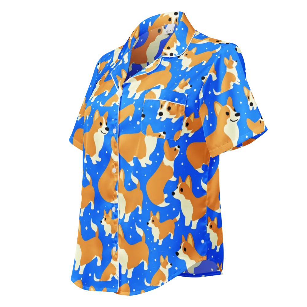 Corgi Snowglobe on Women's Short Sleeve Pajama Top — Left Front
