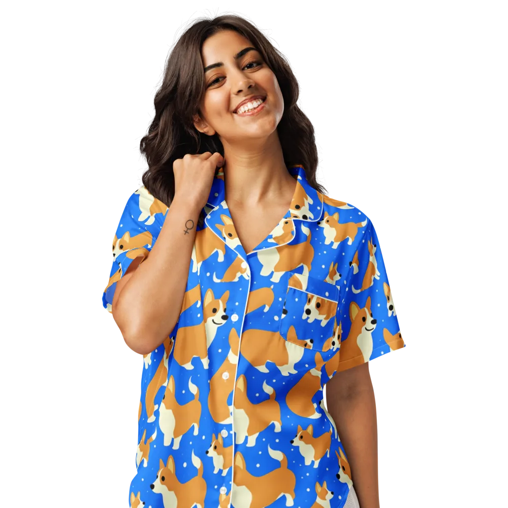 Corgi Snowglobe on Women's Short Sleeve Pajama Top — Front