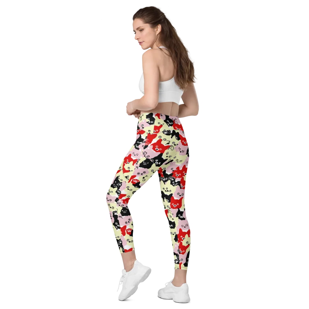 Neon Kitten Club on Leggings with Pockets — Left Back