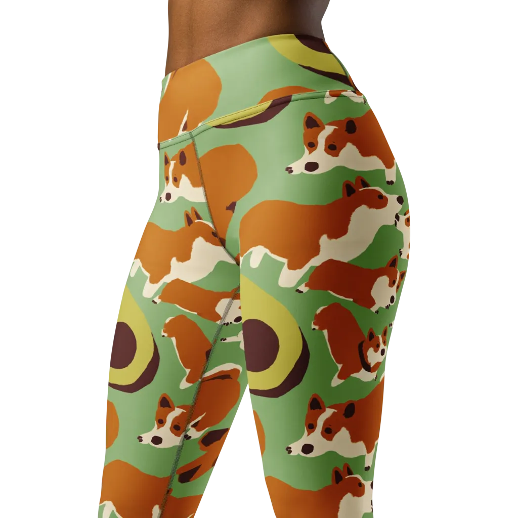 Corgi And Avo on Yoga Leggings — Left Front