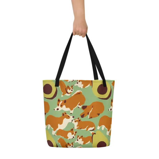 Corgi And Avo on a Large Tote Bag W/ Pocket