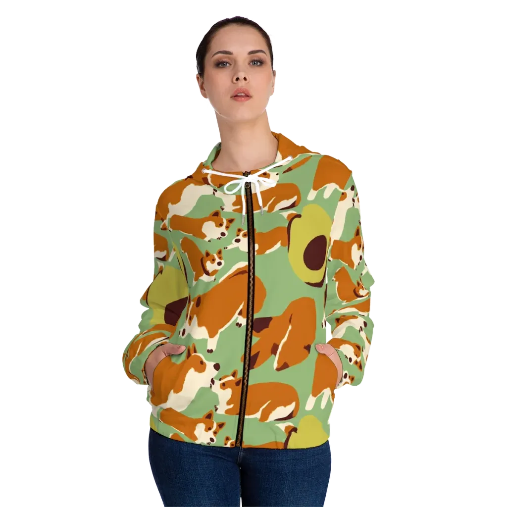 Corgi And Avo on Women's Full-Zip Hoodie — Front On Person