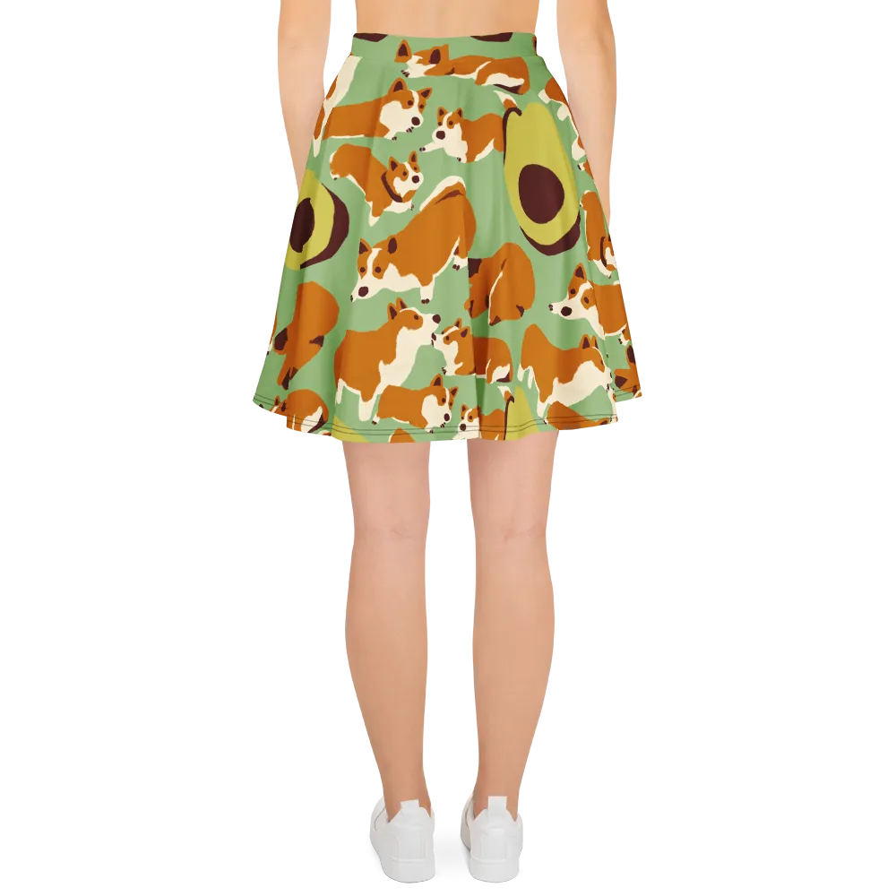 Corgi And Avo on Skater Skirt — Back