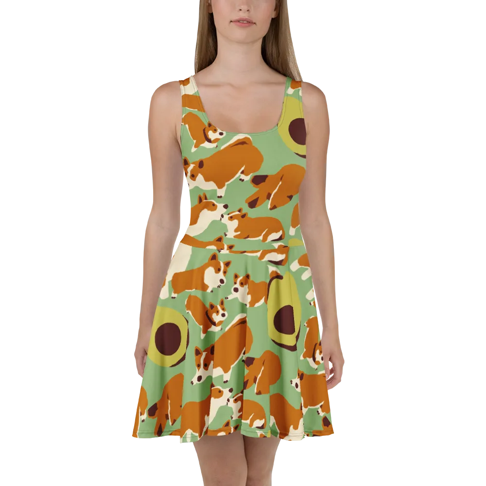 Corgi And Avo on Skater Dress — Front