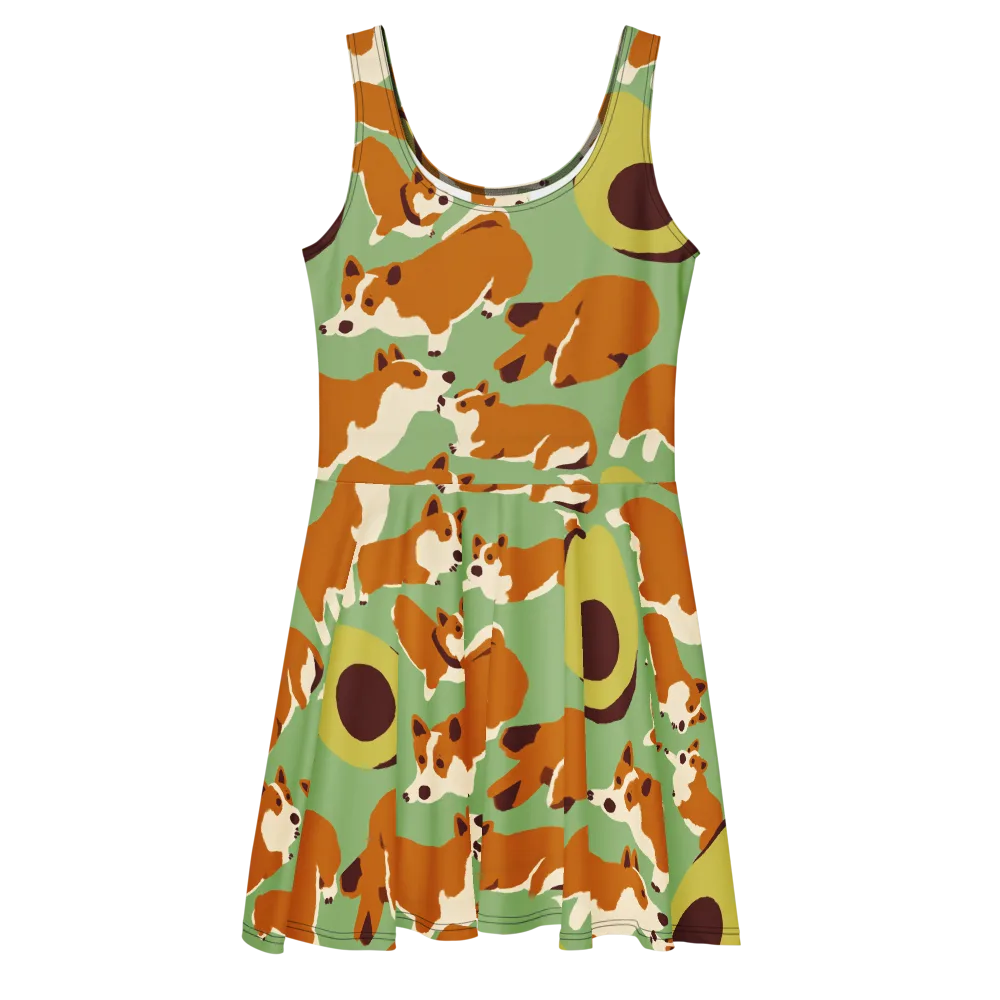 Corgi And Avo on Skater Dress — Front