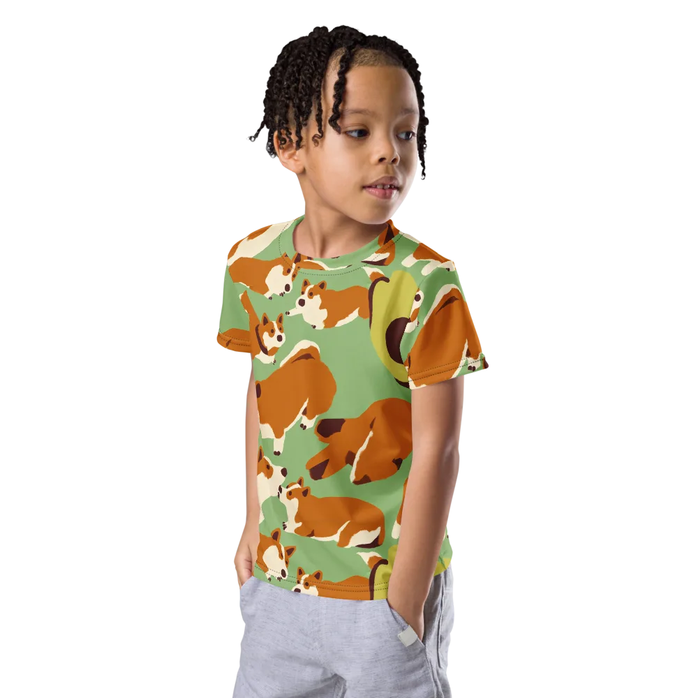 Corgi And Avo on Kids Crew Neck T-Shirt — Left Front