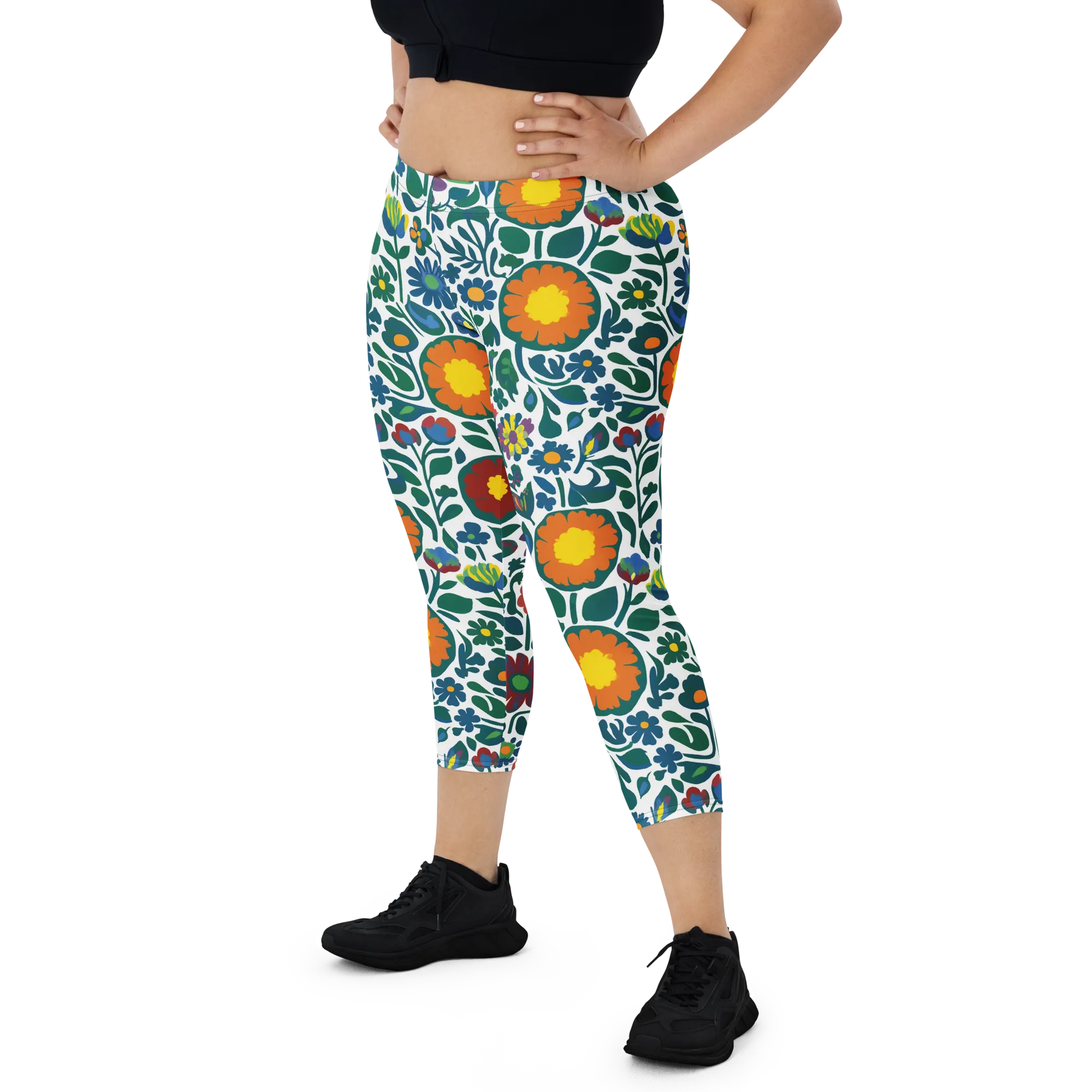 Folk Garden Riot on Capri Leggings — Front