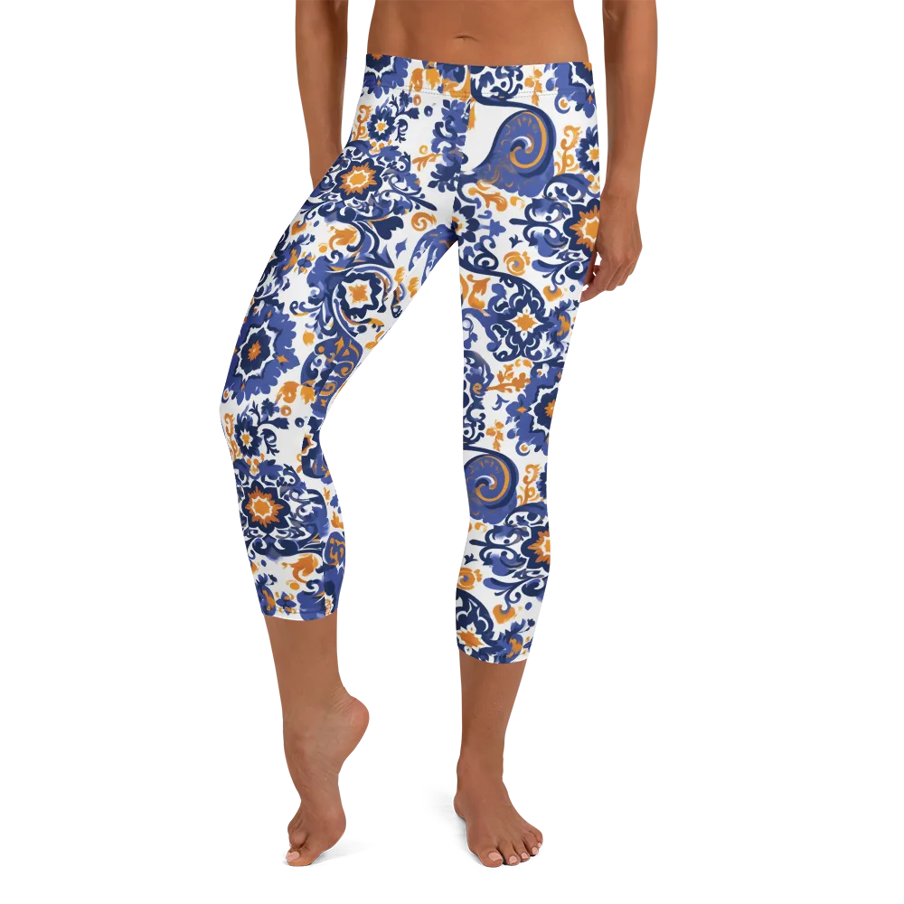 Indigo Gilded Garden on Capri Leggings — Front