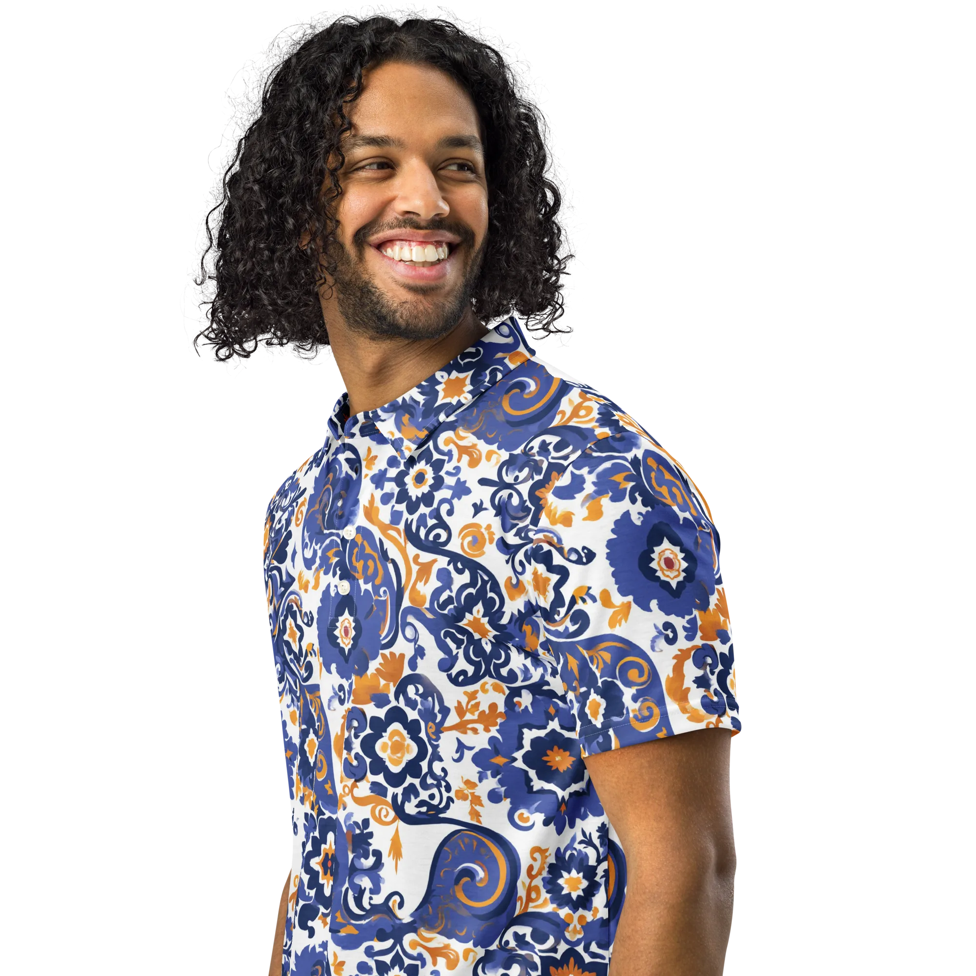 Indigo Gilded Garden on Men's Slim Fit Polo Shirt — Left Front