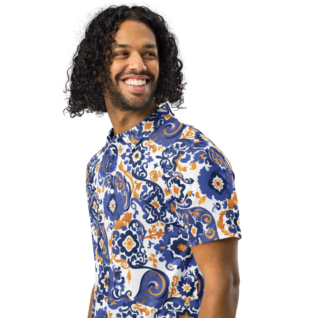 Indigo Gilded Garden on Men's Slim Fit Polo Shirt — Left Front