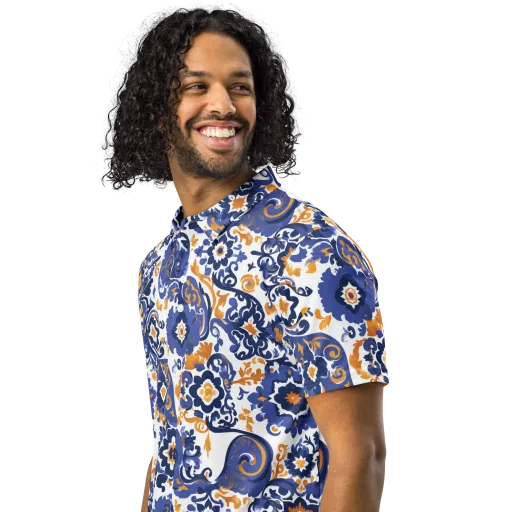 Indigo Gilded Garden on a Men's Slim Fit Polo Shirt