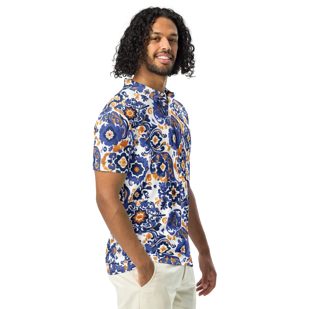 Indigo Gilded Garden on Men's Slim Fit Polo Shirt — Right Front