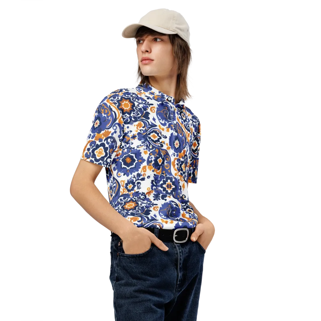 Indigo Gilded Garden on Men's Slim Fit Polo Shirt — Right Front