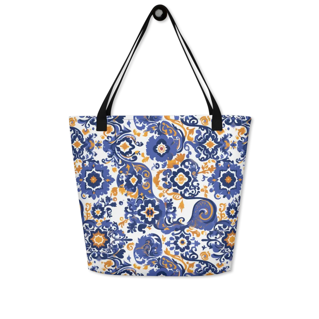 Indigo Gilded Garden on Large Tote Bag W/ Pocket — Front
