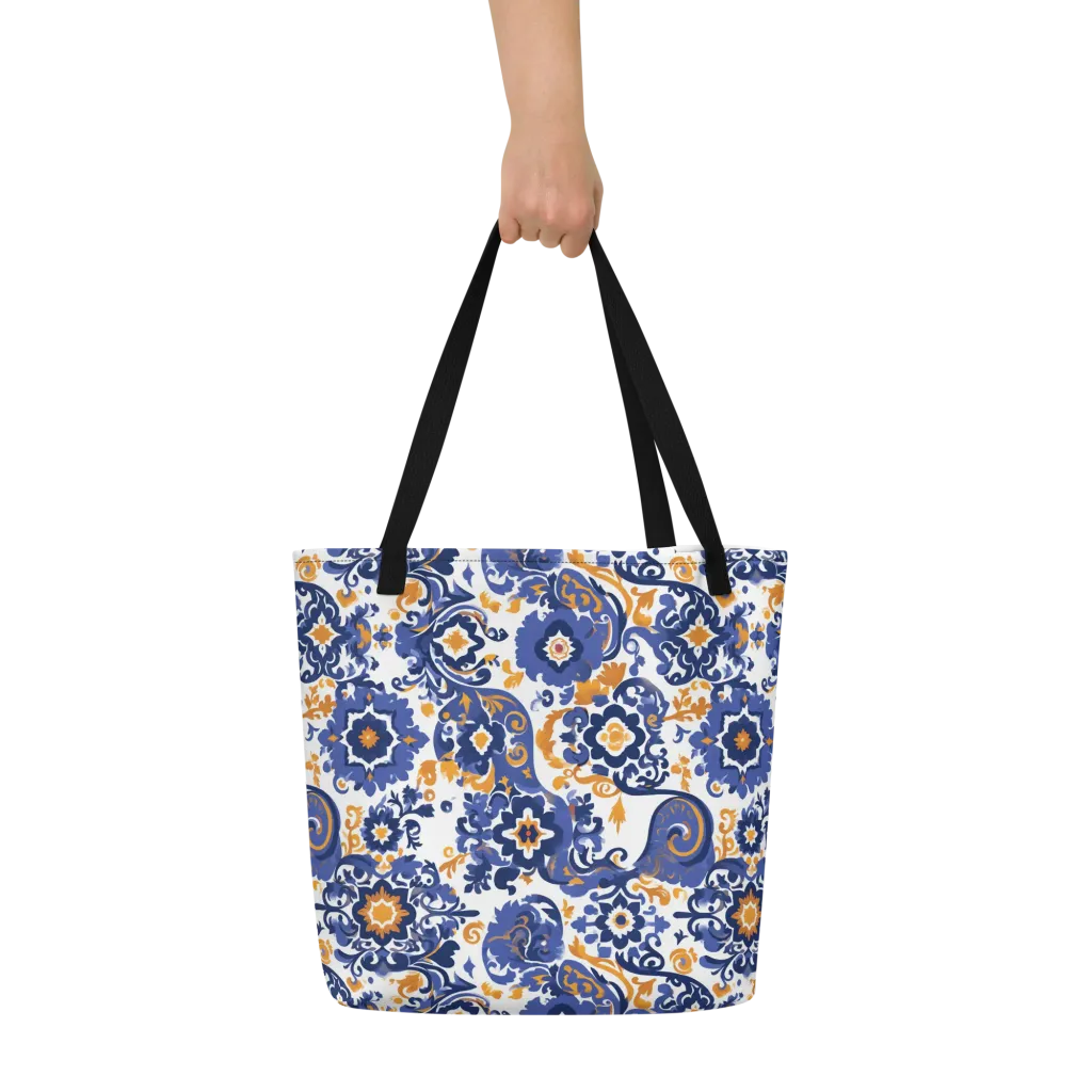 Indigo Gilded Garden on Large Tote Bag W/ Pocket — Front