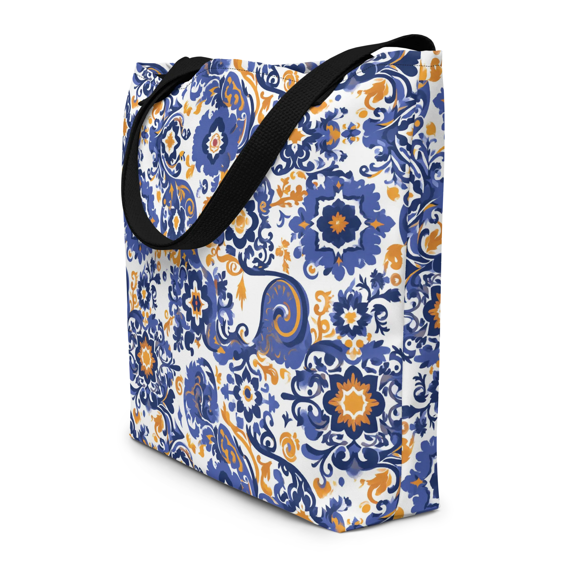 Indigo Gilded Garden on Large Tote Bag W/ Pocket — Front