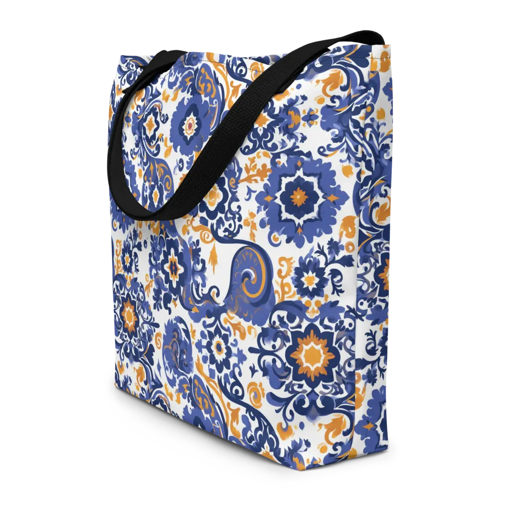 Indigo Gilded Garden on Large Tote Bag W/ Pocket — Front
