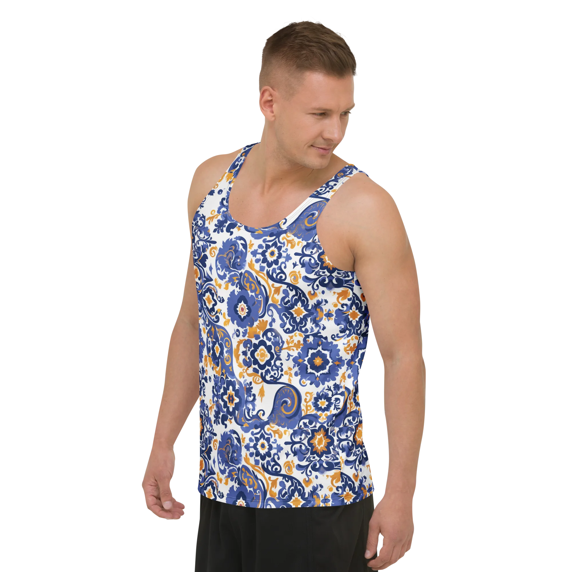 Indigo Gilded Garden on Men's Tank Top — Left Front