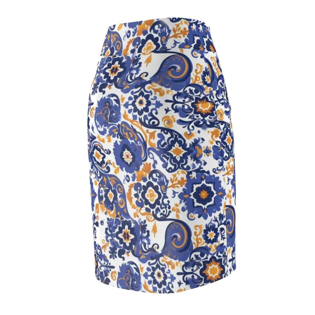 Indigo Gilded Garden on Pencil Skirt — Back Side