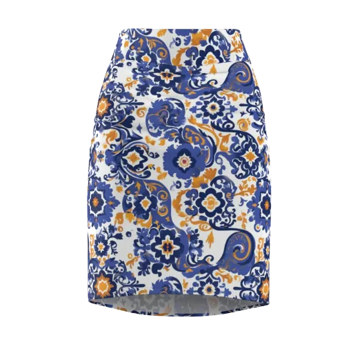 Indigo Gilded Garden on a Pencil Skirt