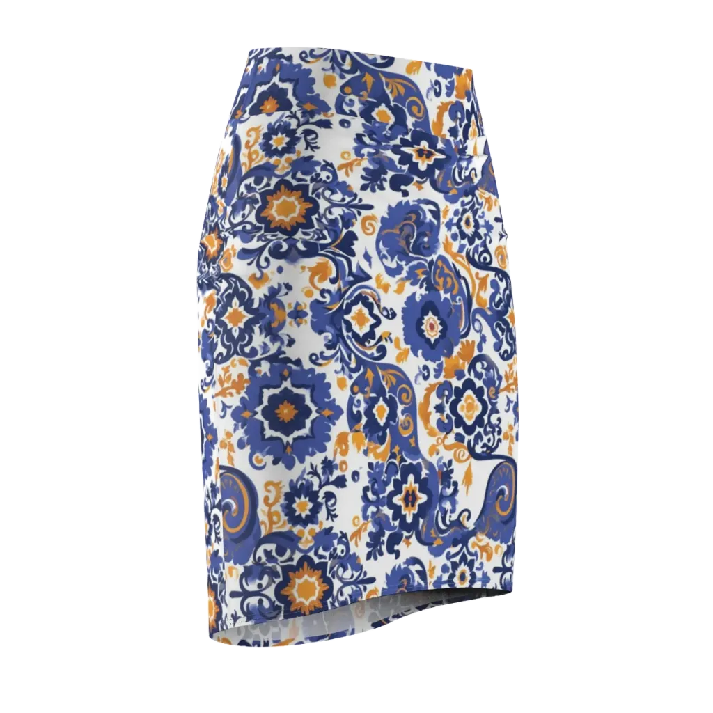 Indigo Gilded Garden on Pencil Skirt — Front Side