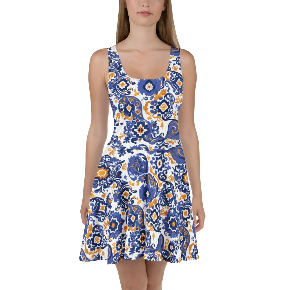Indigo Gilded Garden on Skater Dress — Front