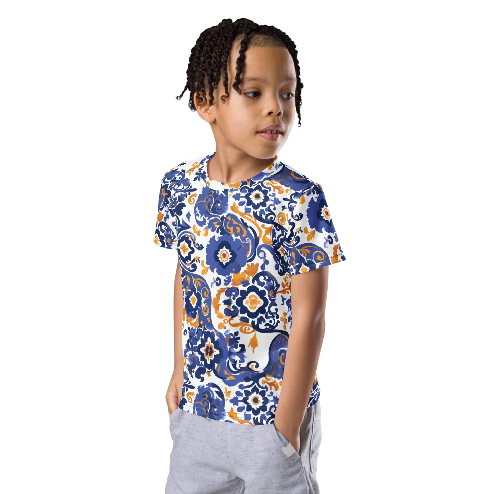 Indigo Gilded Garden on Kids Crew Neck T-Shirt — Left Front