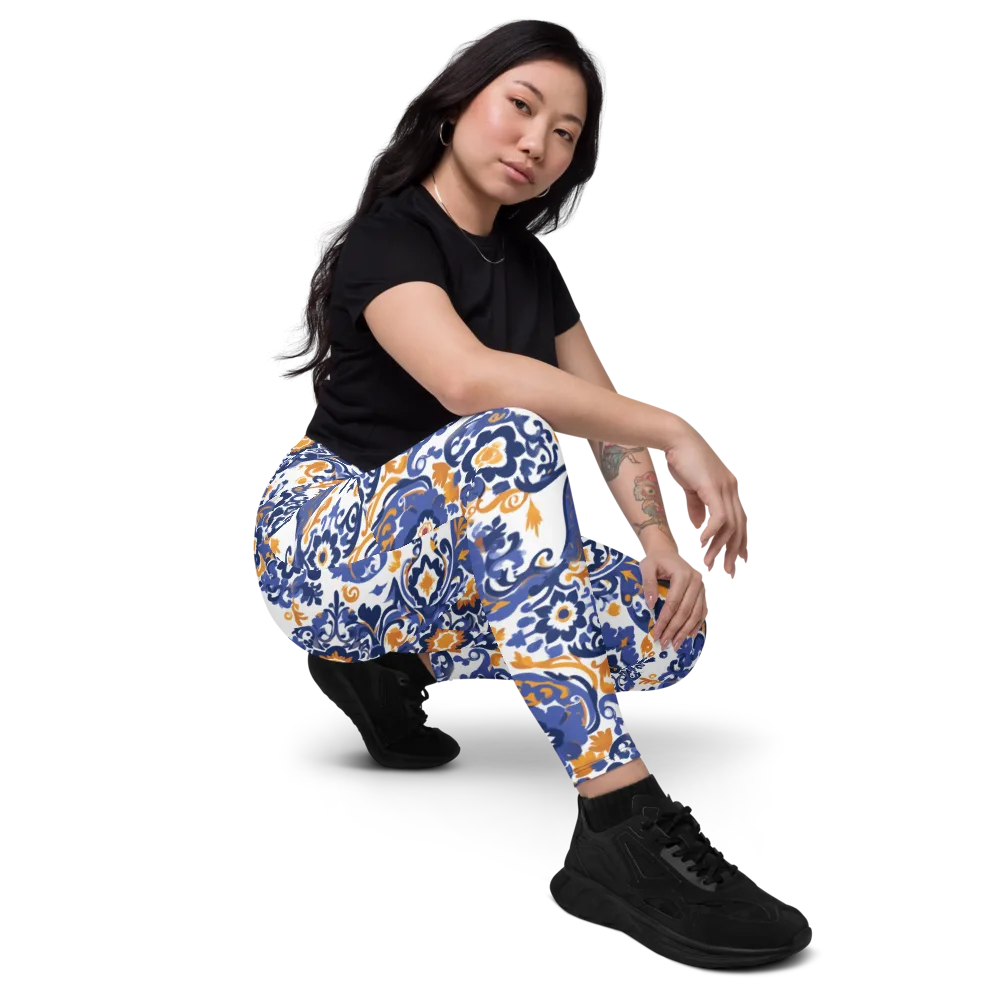 Indigo Gilded Garden on Leggings with Pockets — Right Front