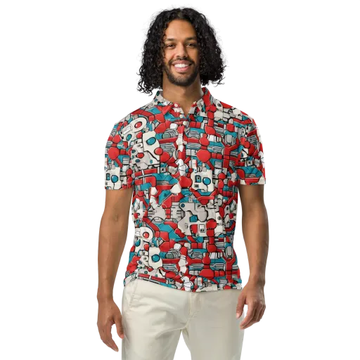 Red Circuitry on a Men's Slim Fit Polo Shirt