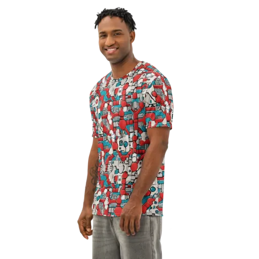 Red Circuitry on a Men's Cotton Crew Neck T-Shirt